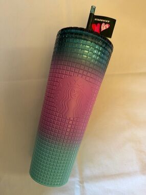 Starbucks Ombre Grid Tumbler Pink-Blue-Teal 24 oz w/ Straw Limited Edition, NEW